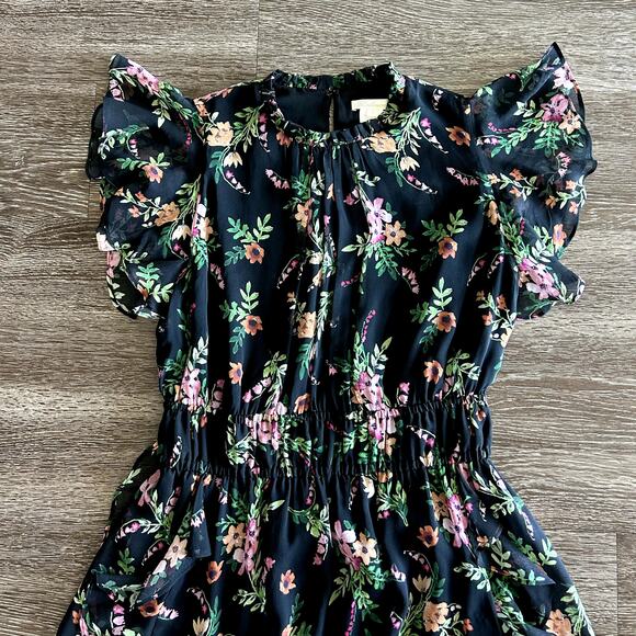 Shoshanna Amora 100% Silk Chiffon Dress Black Floral Ruffle Size 4 Fit & Flare - Picture 3 of 16